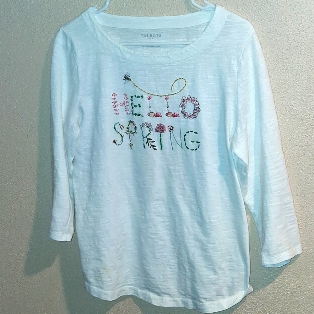 Talbots beaded graphic tee “hello spring” 3/4 sleeve 100% Cotton M